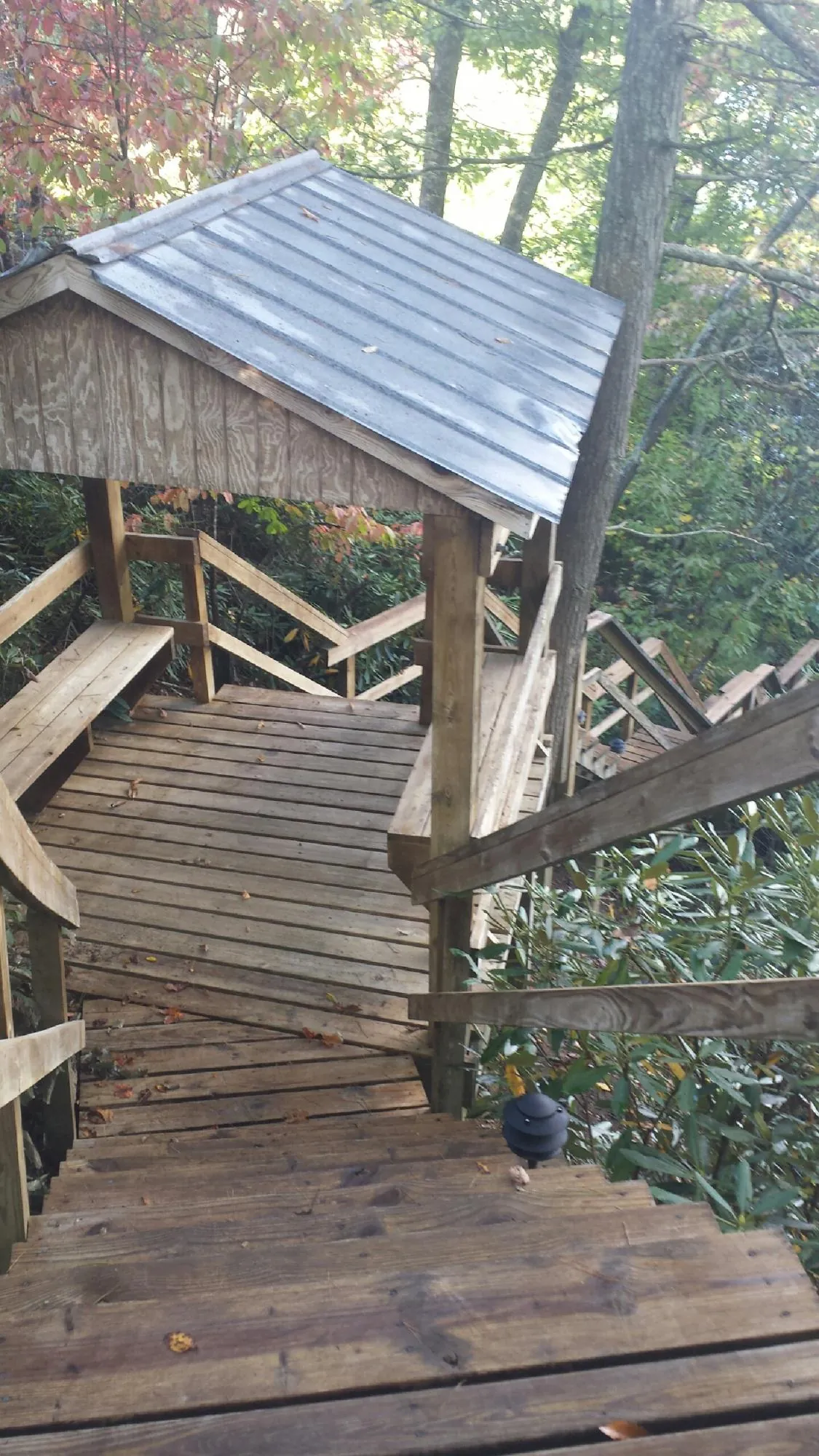 Metal roofed shelter over wooden steps on a wooded walkway — Skylight Repair & Installation work by our crew in Santa Cruz
